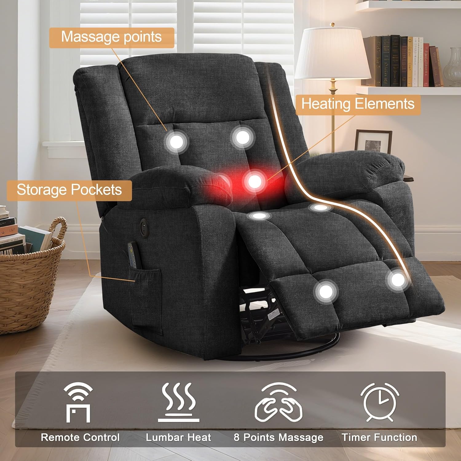 Rocker Recliner, Glider Recliner Chairs for Adults, 360�� Swivel Rocking Chair with Massage and Heating, Nursery Chair