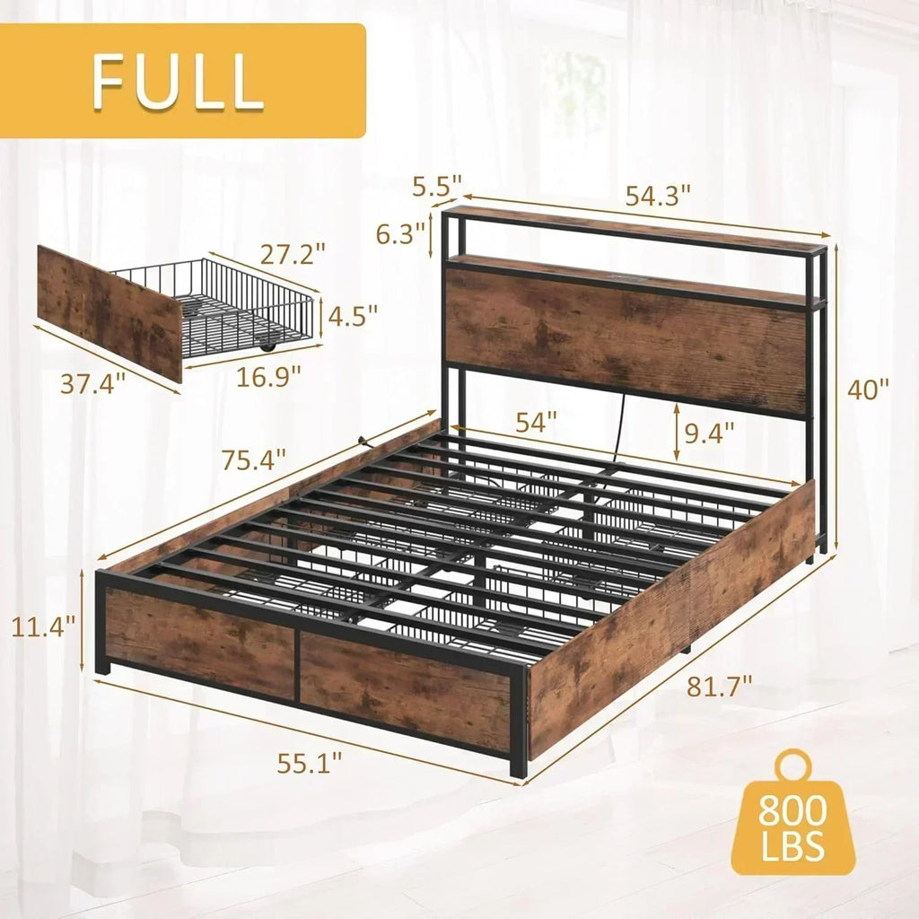 Lifezone Queen Bed Frame 2-Tier Storage Headboard Metal Platform Bed Frame 4 Storage Drawers