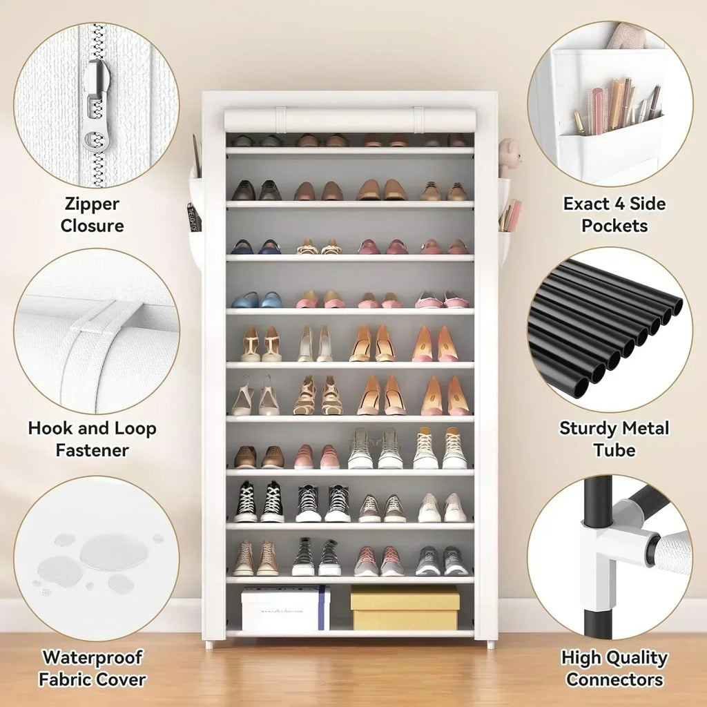 ROJASOP 10 Tier Shoe Rack with Covers Large Capacity Stackable Tall Shoe Shelf Storage