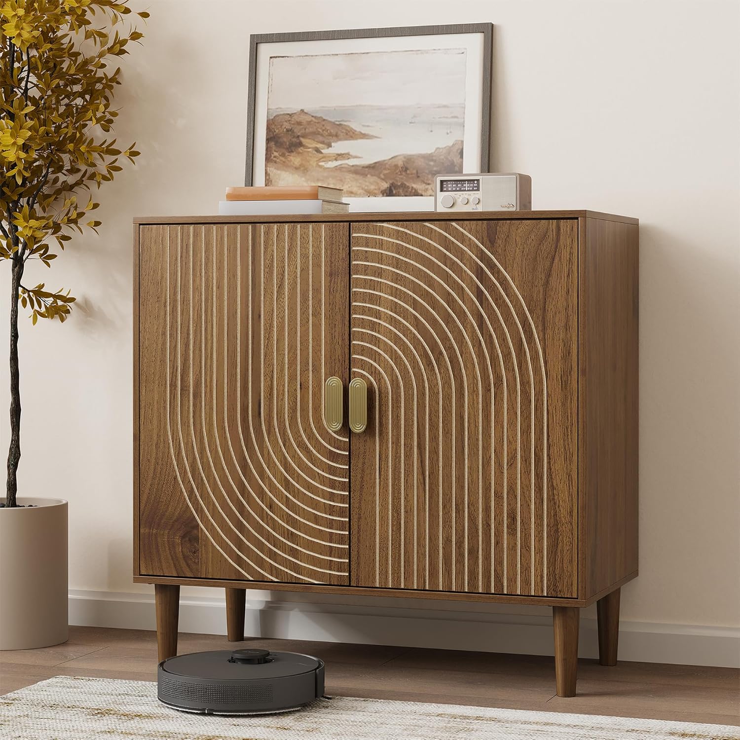 Smuxee Walnut Sideboard Cabinet, Freestanding Buffet Cabinet with Line Groove Design