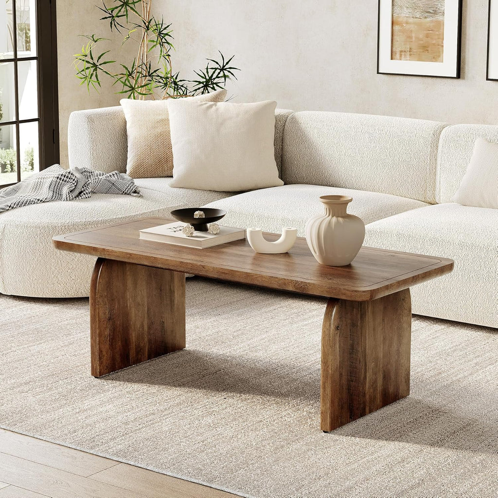 LITTLE TREE Farmhouse Coffee Table, 47 Inch Round Corner Wood Center Table, Rectangular Living Room Table, Modern Low Cocktail Tea Set
