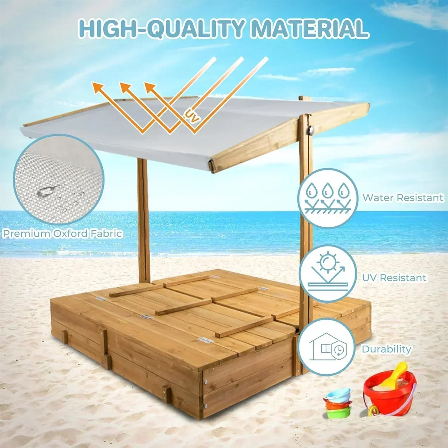 Kids Sandbox with Lid Wooden Sand Box Cover Outdoor UV-Protection Natural Wood Foldable Bench Seat