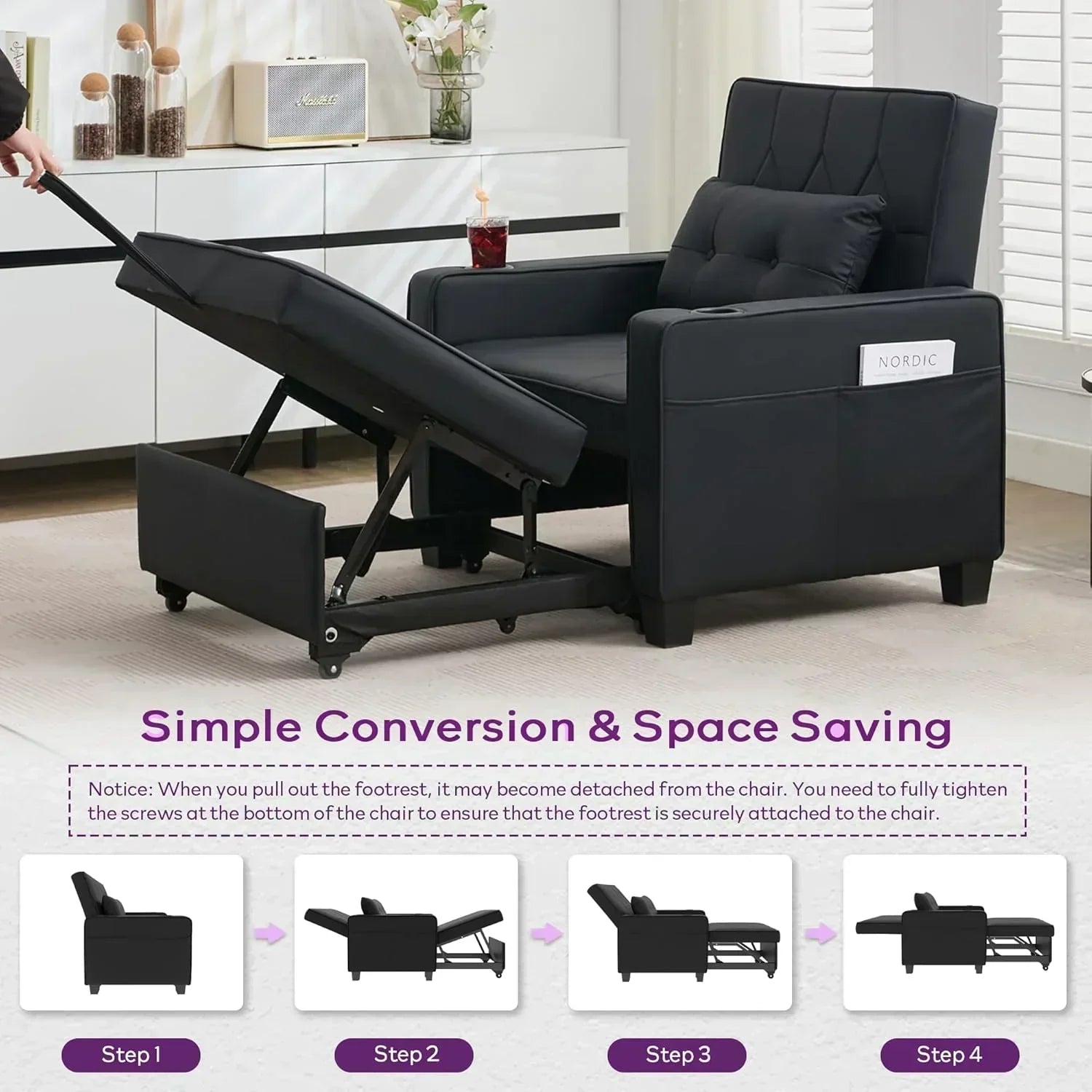 Adult Convertible Sleeper Chair Bed 3-in-1 Pull-Out Sofa Bed with USB/Type-C Ports Cup Holders