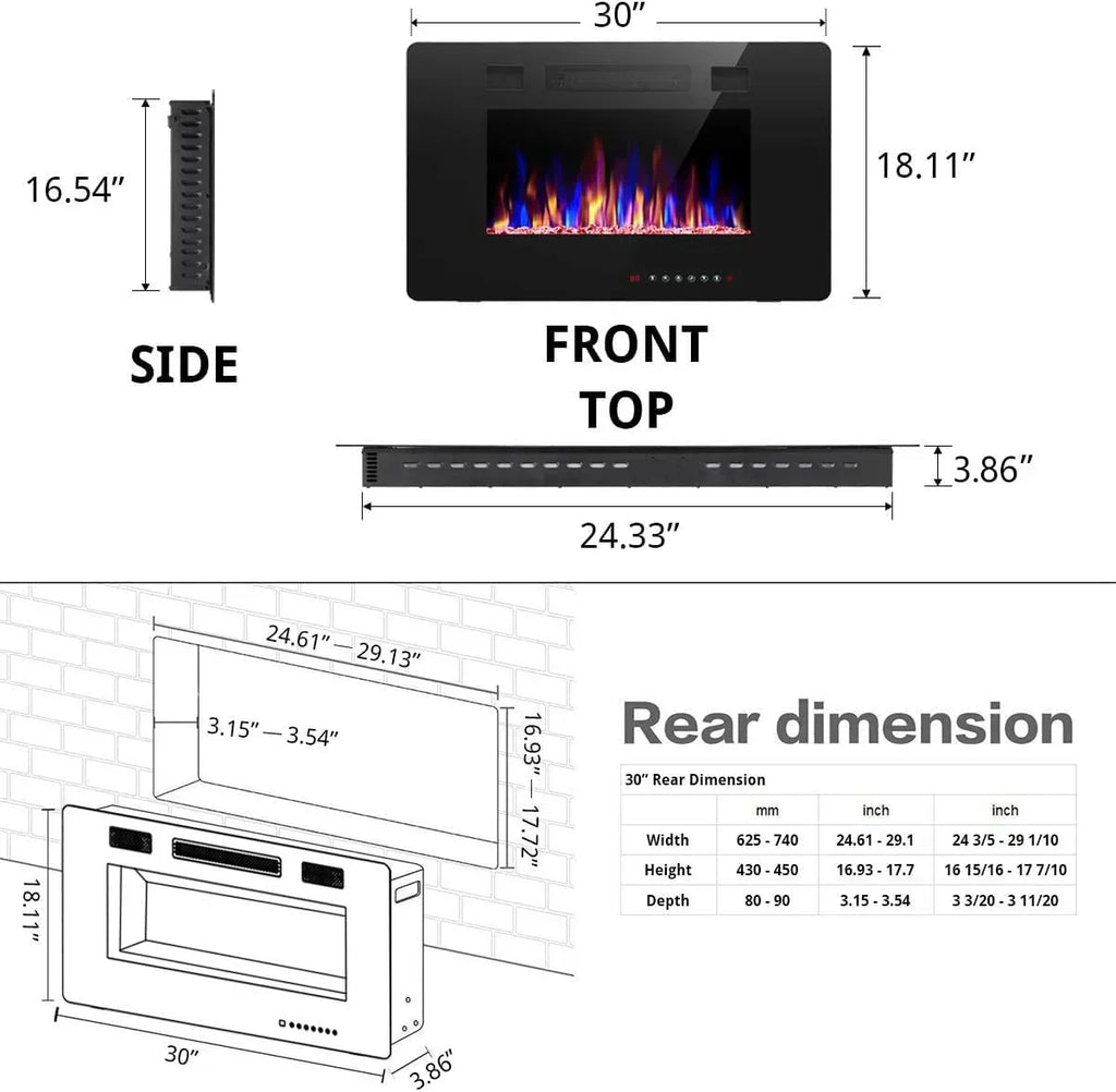 R.W.FLAME 60 Recessed and Wall Mounted Electric Fireplace Low Noise Fit for 2 x 6 Stud