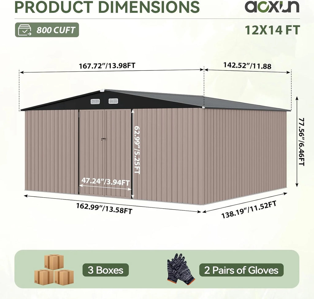 Aoxun 12x10 FT Shed Metal Outdoor Waterproof Storage Shed Steel Utility Garden Tool Shed with Door & Lock Outdoor Storage for Garden Patio Lawn Poolside, Brown
