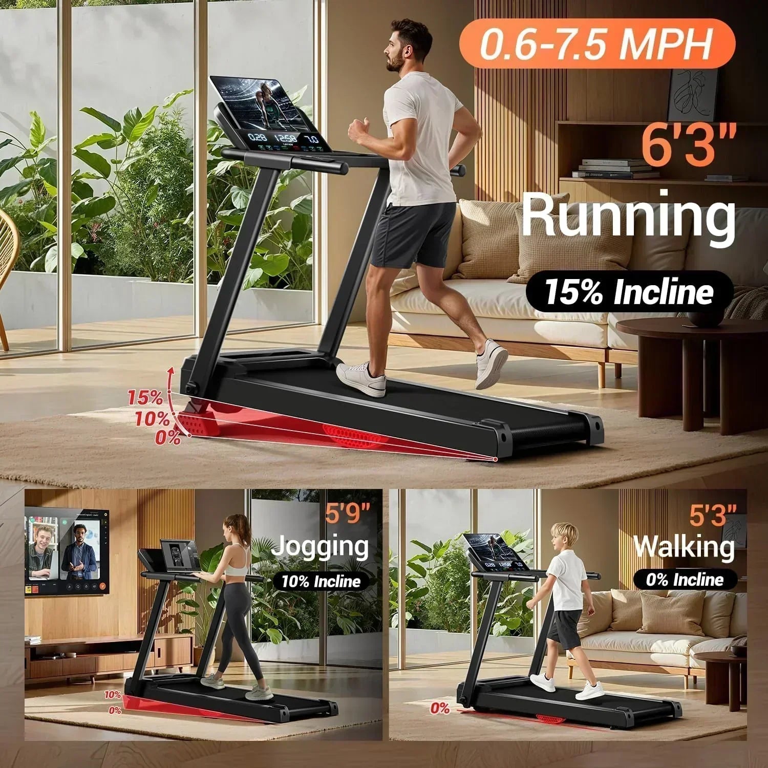 Home Treadmill 15% Incline Treadmill 3.0 hp Quiet Brushless Dual Cushion System