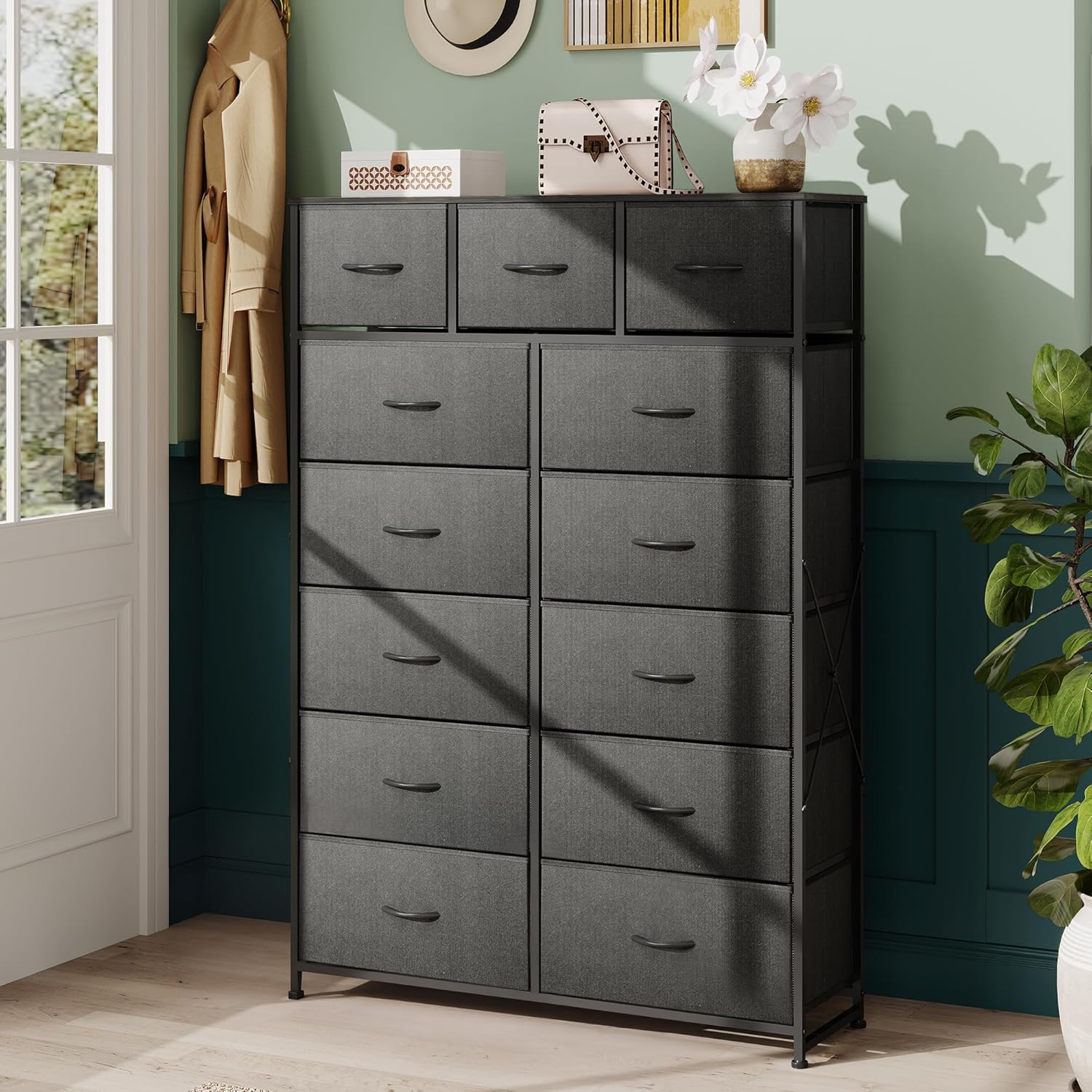 WLIVE Storage Organizer Unit with 13 Fabric Bins Storage Drawers Organizer with Steel Frame