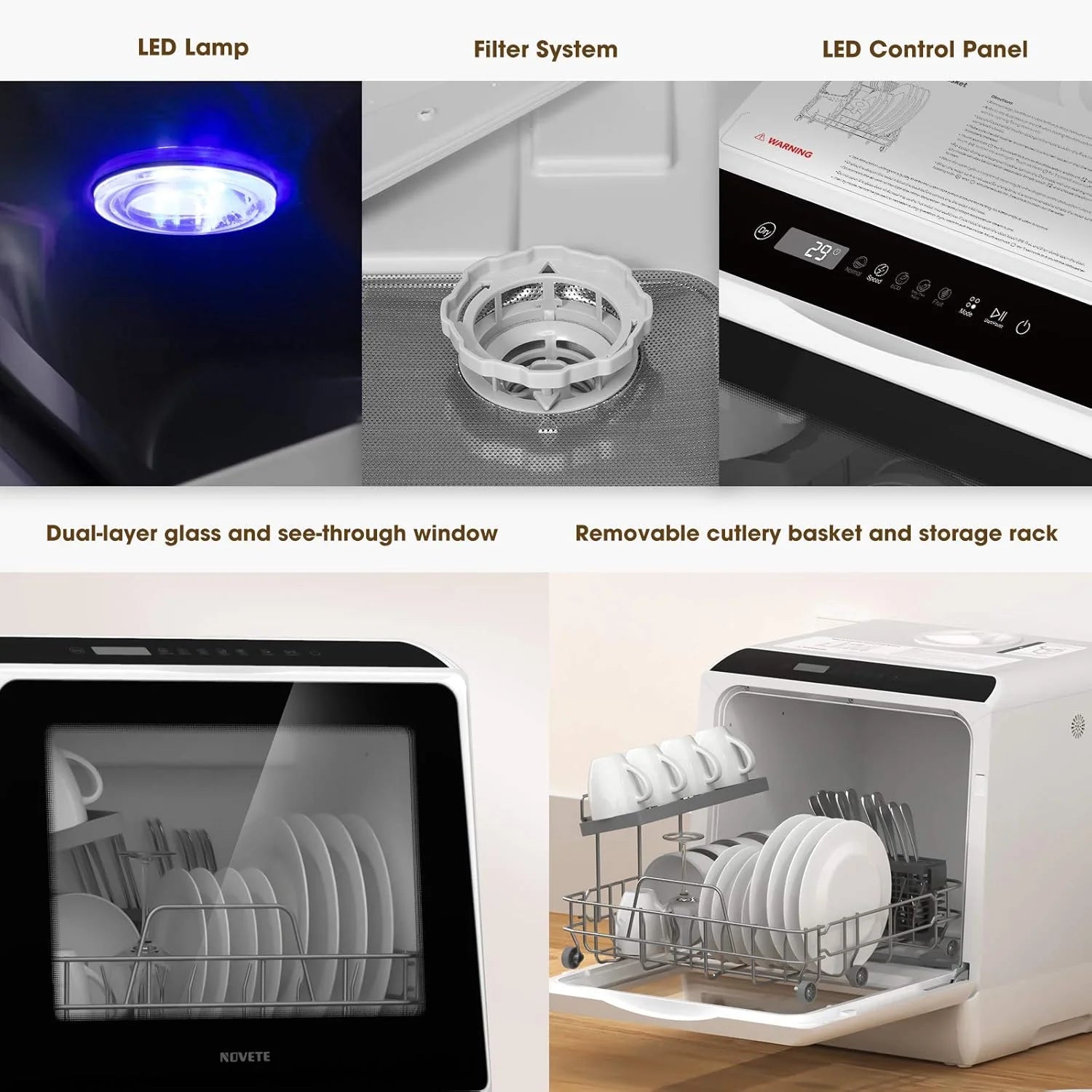 NOVETE Portable Countertop Dishwashers, Compact Dishwashers with 5L Built-in Water Tank & Inlet Hose