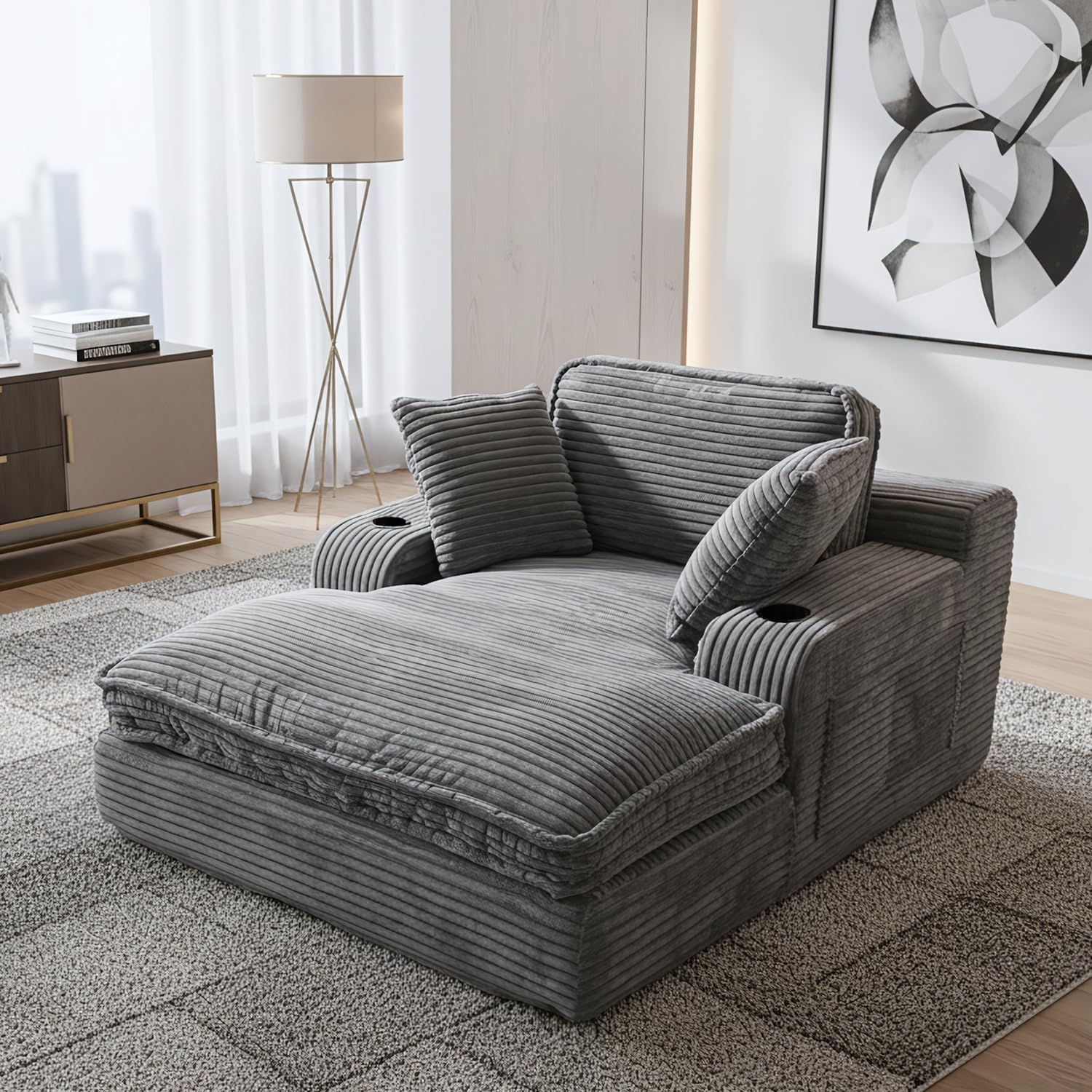 67 Oversized Chaise Lounge Chair Indoor Soft Boneless Cloud Couch with 3 Pillows 4 Side Pockets