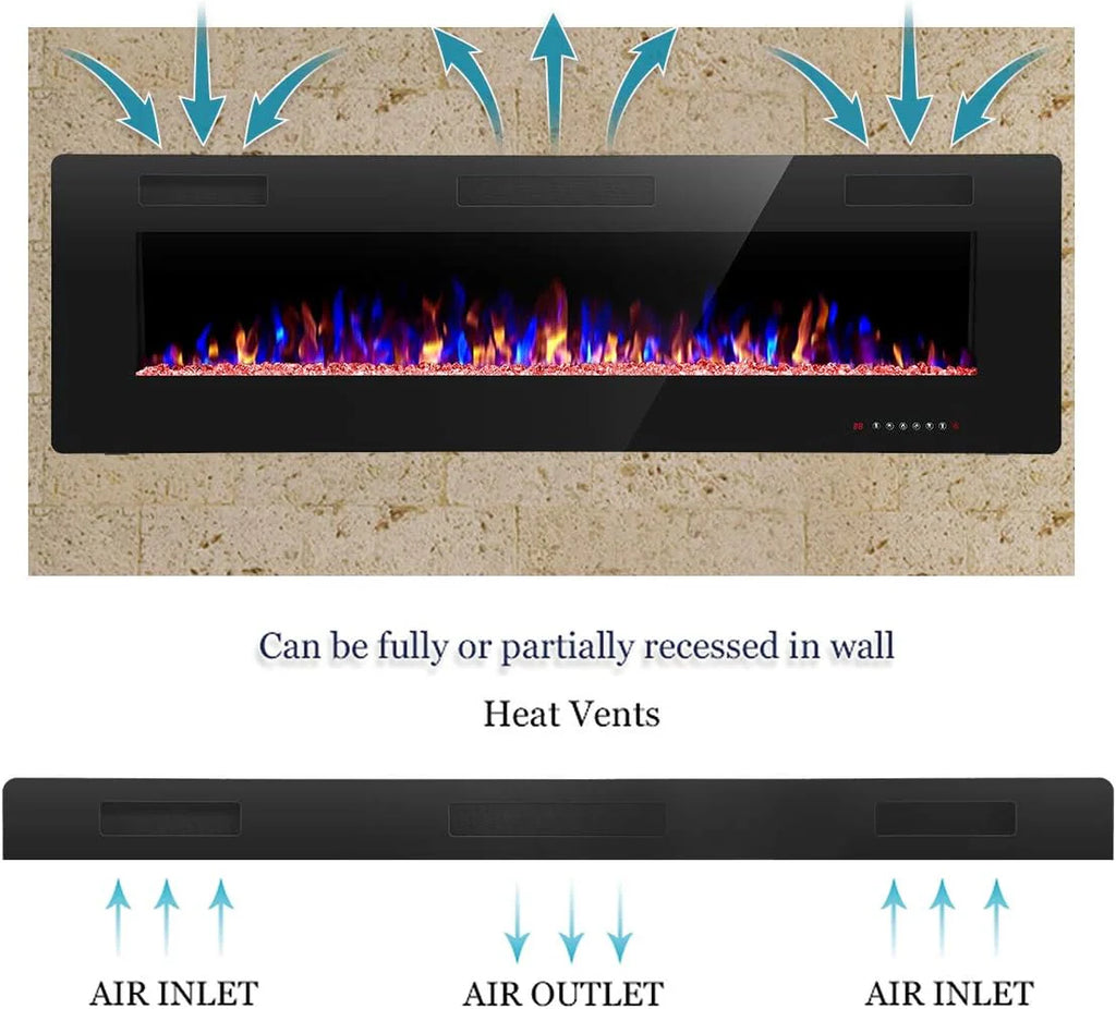 R.W.FLAME 60 Recessed and Wall Mounted Electric Fireplace, Low Noise, Fit for 2 x 6 Stud, Remote Control with Timer, Touch Screen, Adjustable Flame Color and Speed, 750-1500W