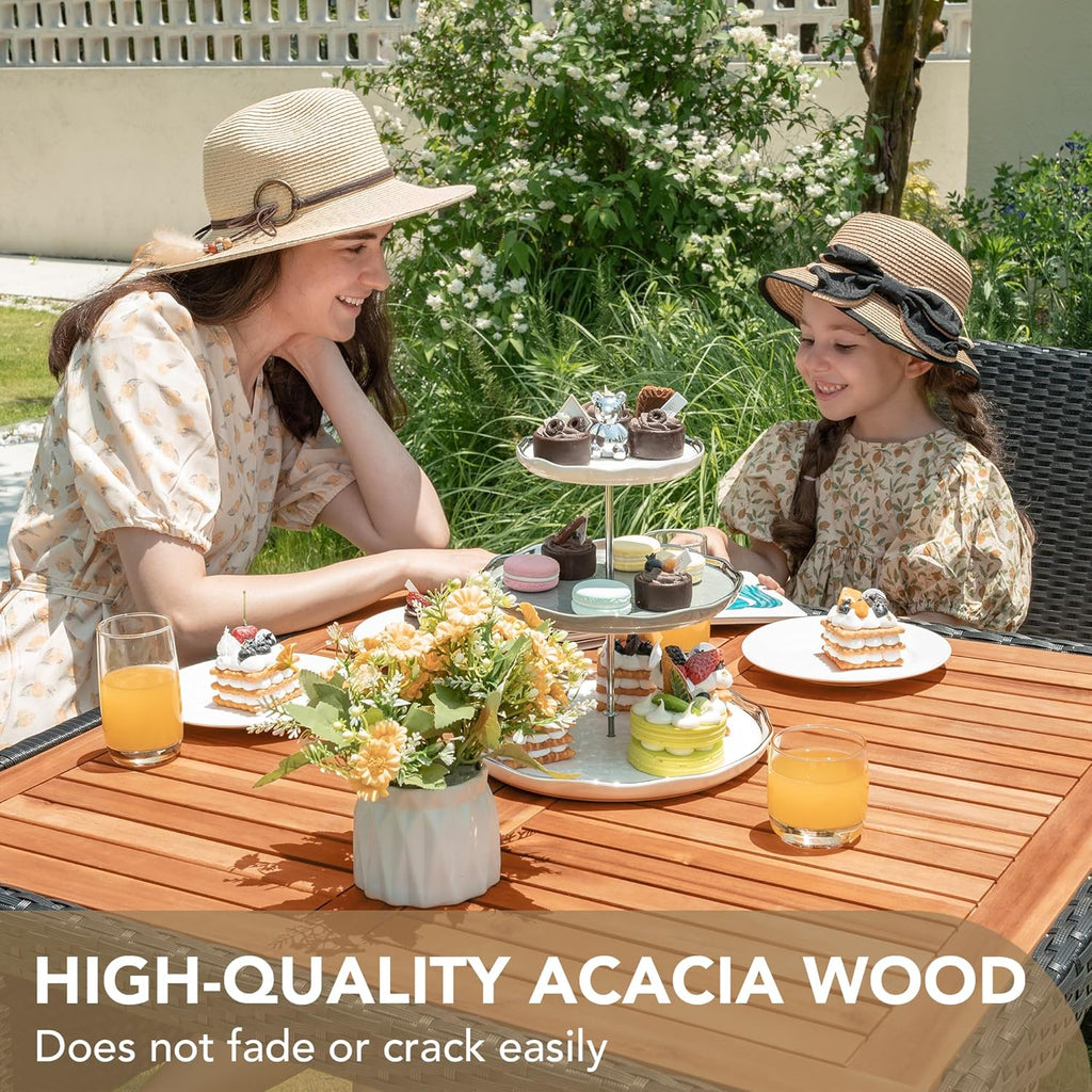 Devoko Dining 7 PCS Furniture Patio Conversation Set with Acacia Wood Table Top Rattan Outdoor