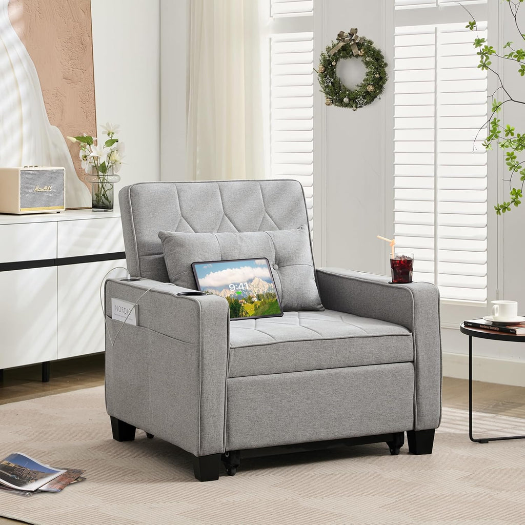Adult Convertible Sleeper Chair Bed 3-in-1 Pull-Out Sofa Bed with USB/Type-C Ports Cup Holders