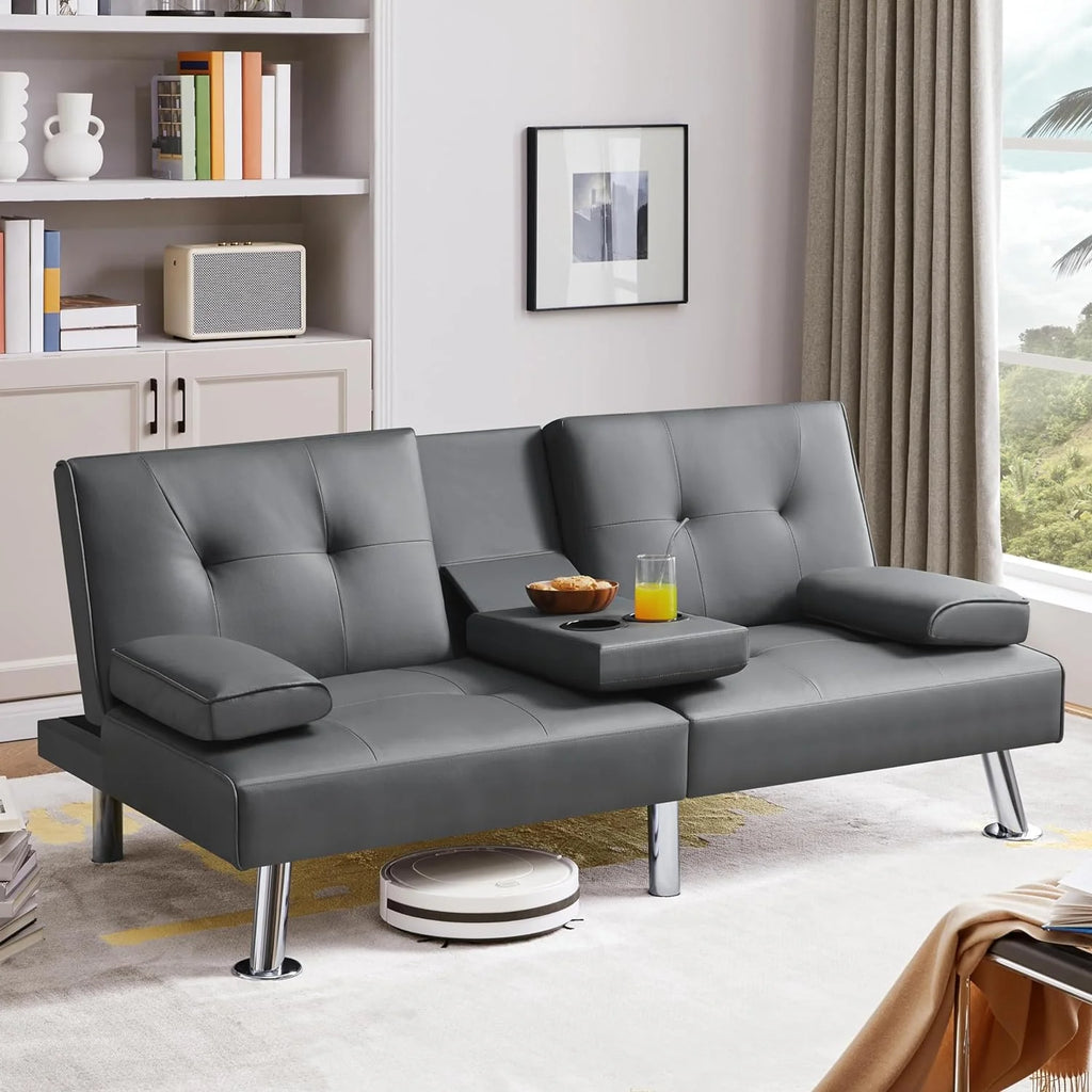 Yaheetech Convertible Sofa Bed Adjustable Couch Sleeper Modern Faux Leather Home Recliner Reversible Loveseat Folding Daybed Guest Bed, Removable Armrests, Cup Holders, 3 Angles, 772lb Capacity, Brown