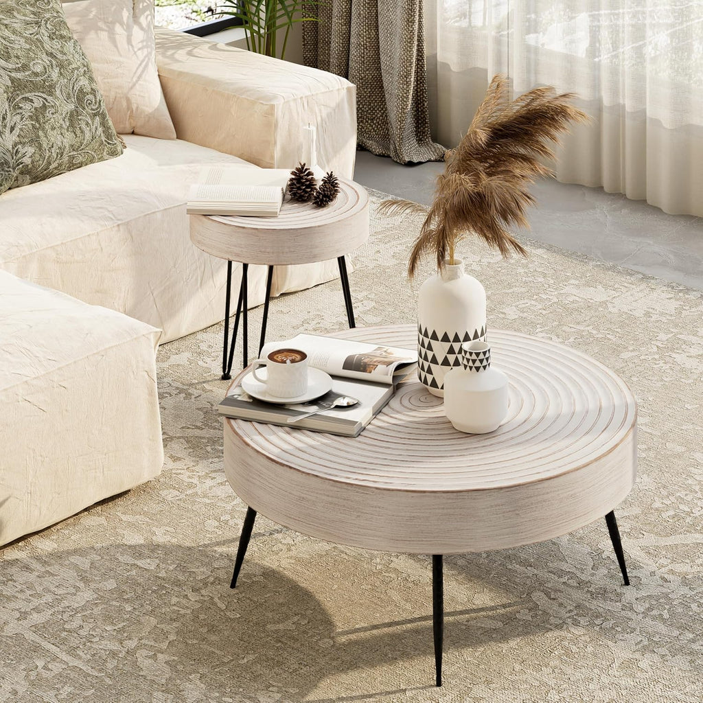 Two-Piece Modern Farmhouse Living Room Coffee Table Set Round Nesting Tables