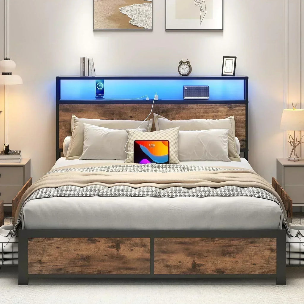 Lifezone Queen Bed Frame 2-Tier Storage Headboard Metal Platform Bed Frame 4 Storage Drawers