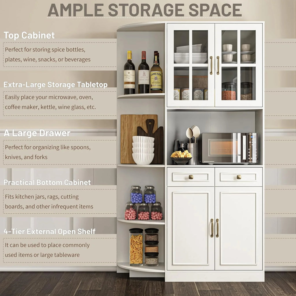 Kitchen Hutch Pantry Cabinet 71 Tall with Glass Doors
