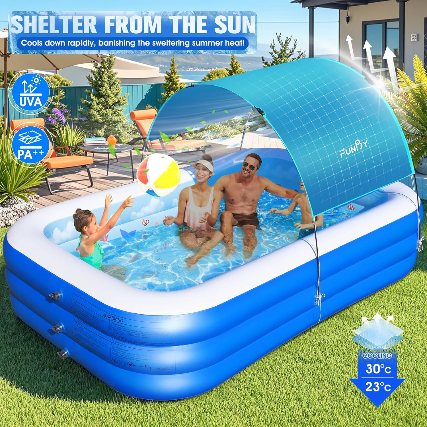 Inflatable Pool with Canopy,Upgraded Inflatable Swimming Pool for Kids,Adult,Large Inflatable Blow up Pools,Ocean Theme Oversized Thickened 105x75x25Inflatable Family Pools for Backyard-Blue