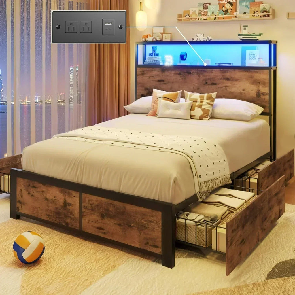 Lifezone Queen Bed Frame 2-Tier Storage Headboard Metal Platform Bed Frame 4 Storage Drawers