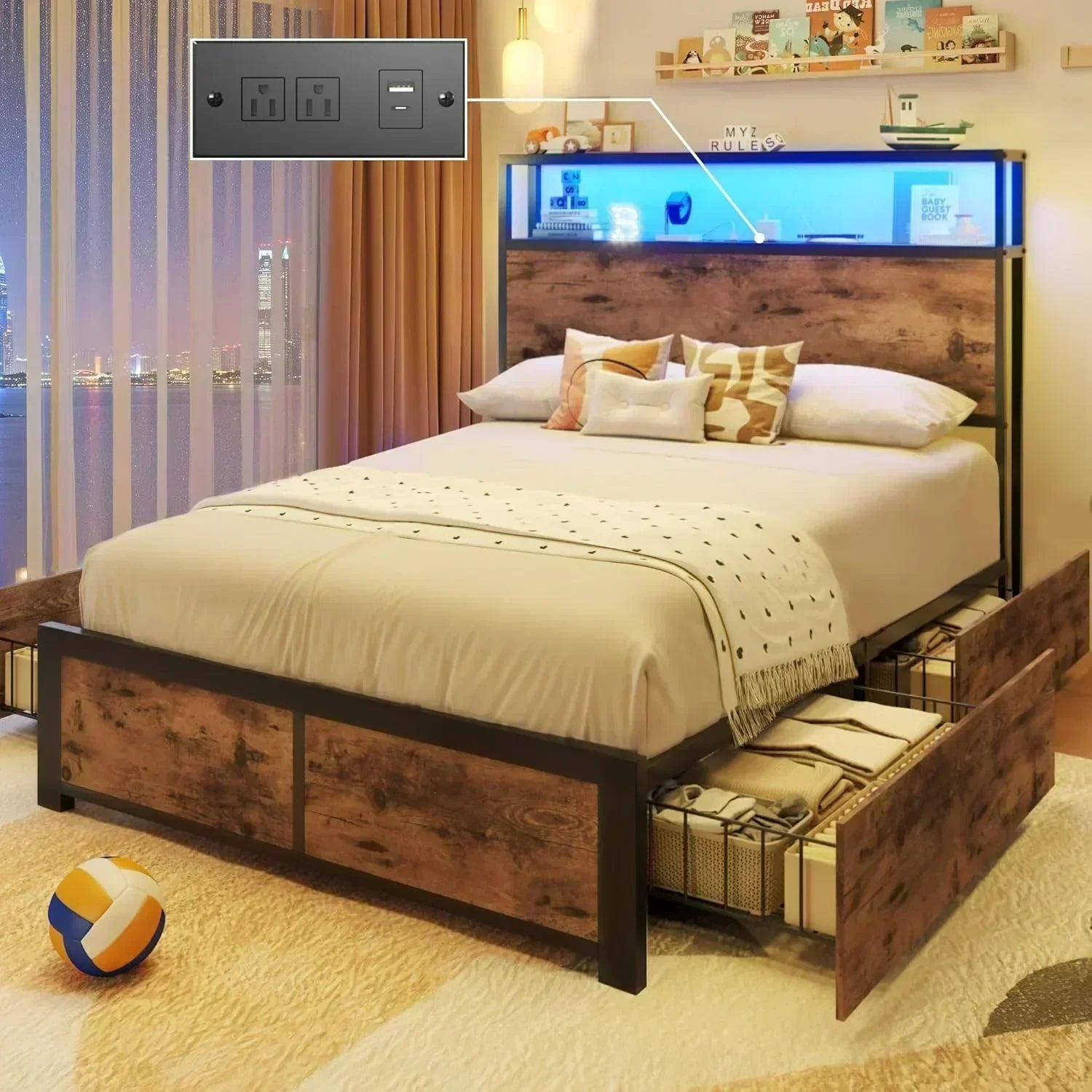 Lifezone Queen Bed Frame 2-Tier Storage Headboard Metal Platform Bed Frame 4 Storage Drawers