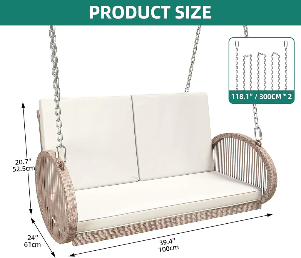 YITAHOME Hanging Porch Swing Chair Sits 3 People, Wicker Outdoor Swing Bench, Patio Lounge Chair, 1 Seating Cushion and 3 Back Cushions, w/Removable Covers, for Garden, Balcony, Backyard, Brown