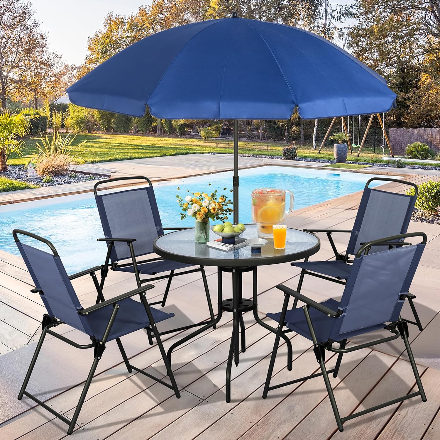 Vongrasig 6 Piece Folding Patio Dining Set Small Metal Outdoor Garden Patio Table and Chair Set