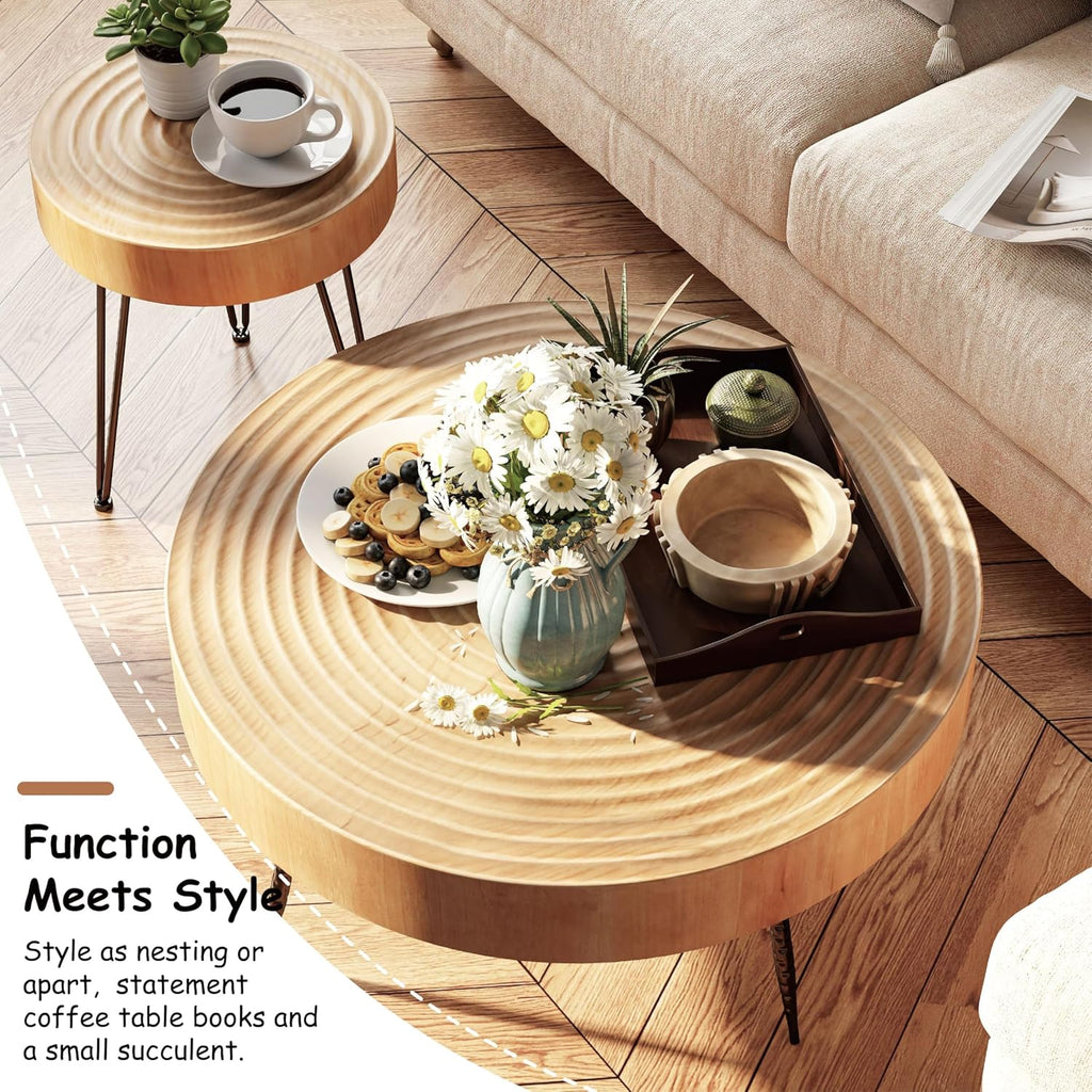Two-Piece Modern Farmhouse Living Room Coffee Table Set Round Nesting Tables